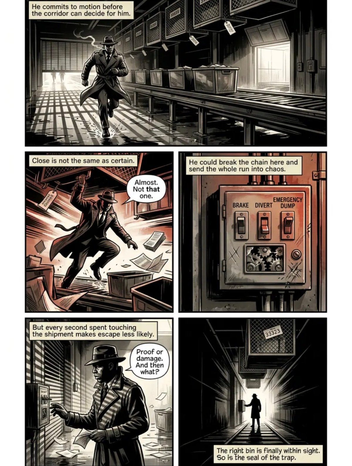 Black and white comic strip showing a figure in a corridor planning an escape, considering breaking a chain, examining an emergency panel, and analyzing a shipments security measures