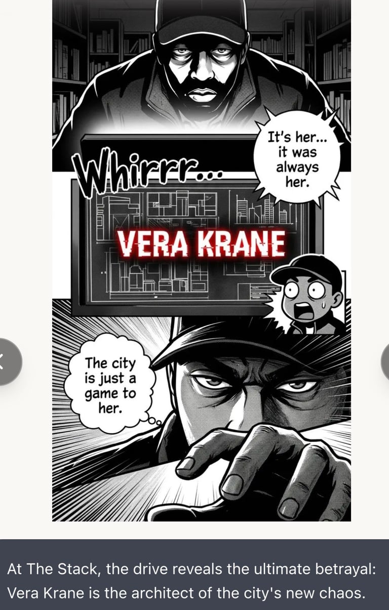 Black and white manga panel showing two men in caps obsessing over Vera Krane, the city architect revealed as the mastermind behind urban chaos.