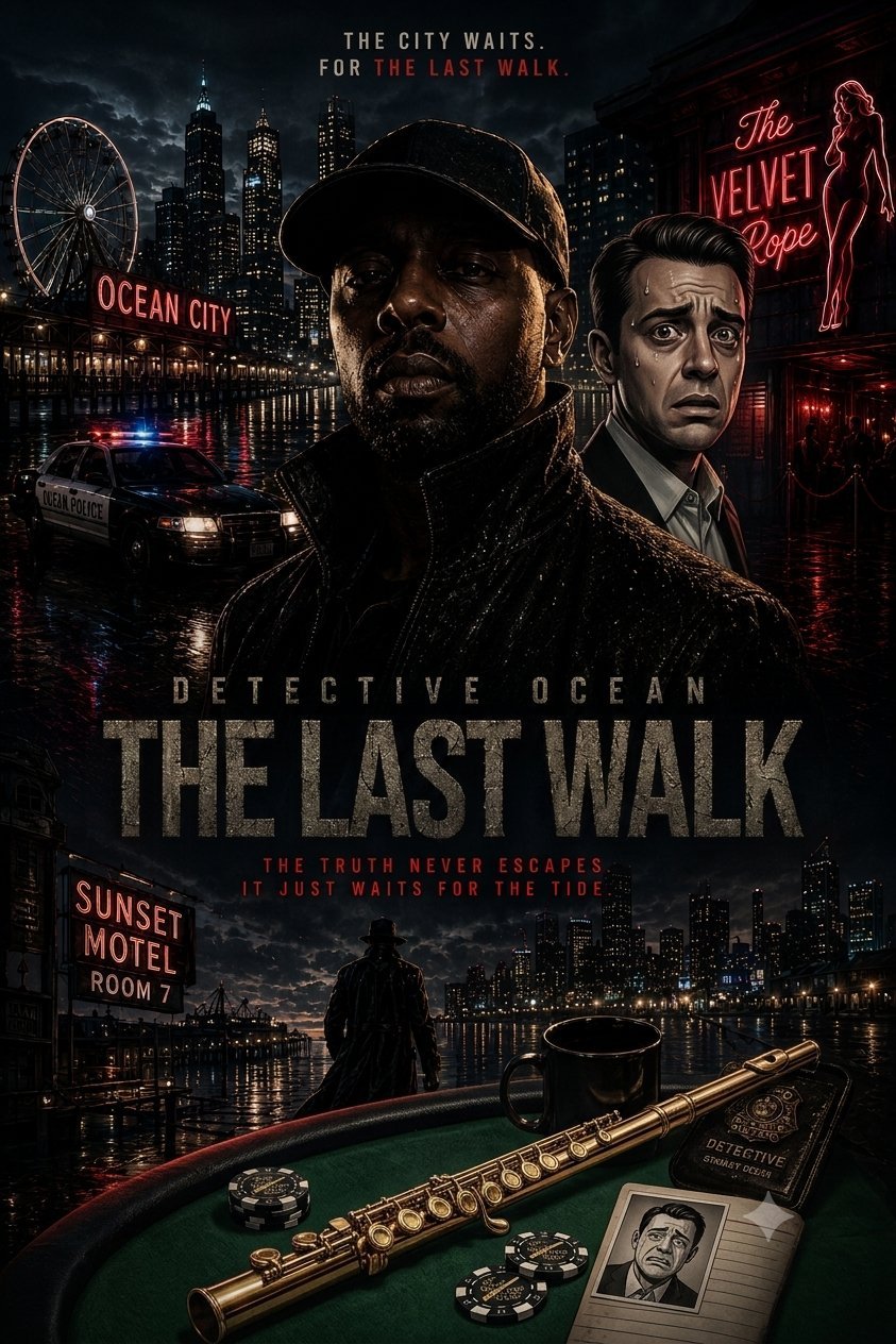 Detective Ocean: The Last Walk movie poster featuring two men against a dark cityscape with neon signs, motel room, and detective case items