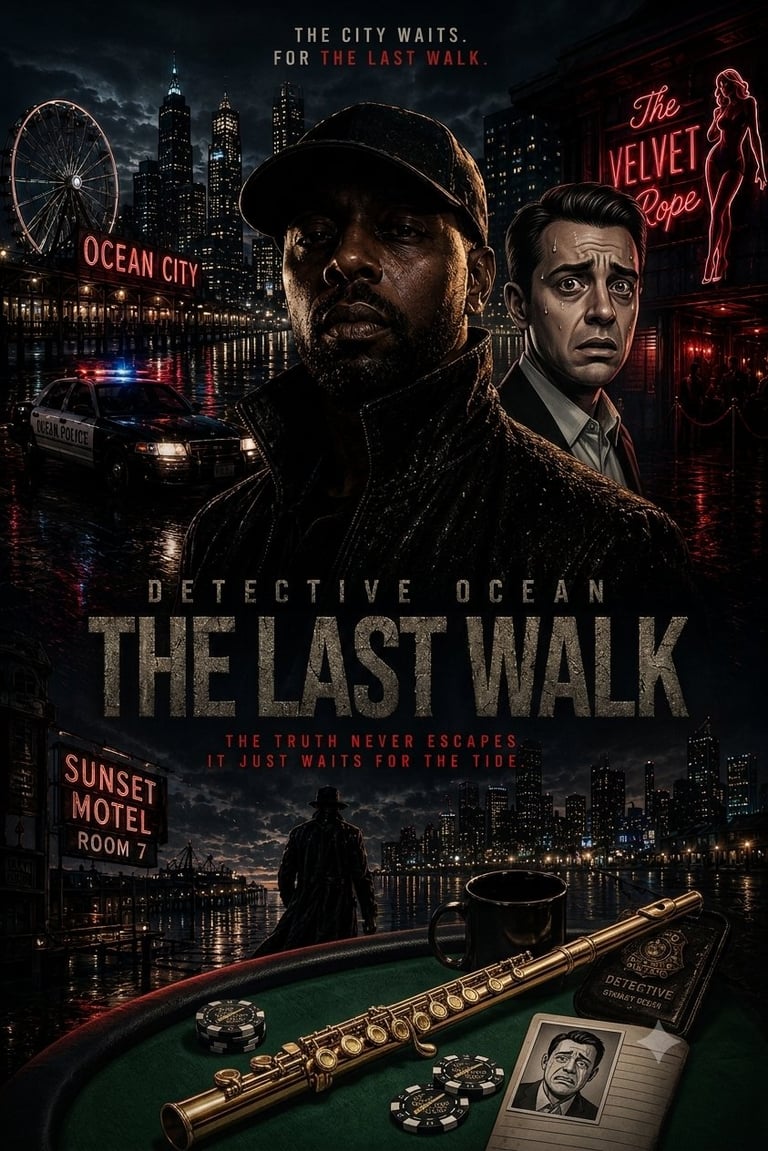 Detective Ocean: The Last Walk movie poster featuring two men against a dark cityscape with neon signs, motel room, and detective case items