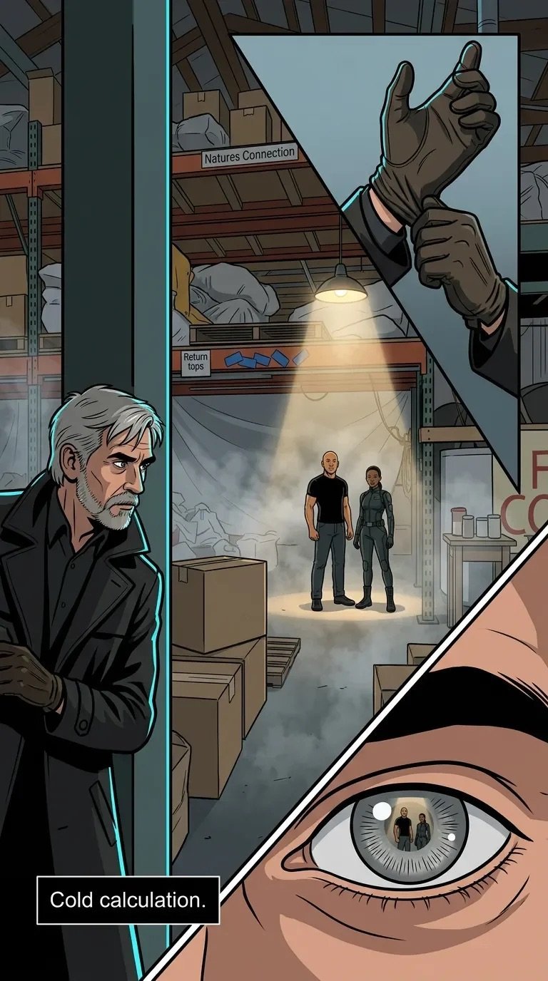 Comic panel showing a gray-haired man observing two figures in a warehouse lit by a bright light, with a close-up of an eye and text reading Cold calculation.