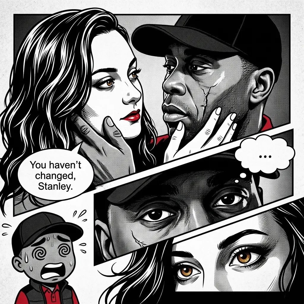 Black and white comic-style illustration featuring stylized faces with dramatic expressions and a speech bubble saying You havent changed, Stanley