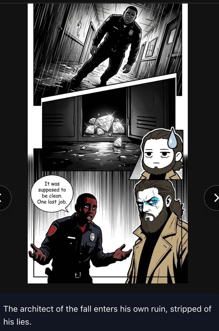 Black and white comic panel showing a police officer and two bearded men discussing a messy room, with someone falling above them