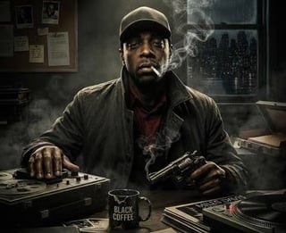 Man in cap and jacket smoking at desk with gun, maps, and Black Coffee mug in moody room