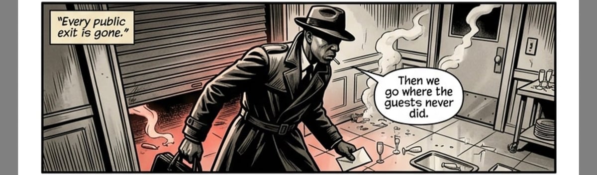 Comic panel showing a man in a fedora and coat leaning over a desk with speech bubbles about public call and never seeing the day