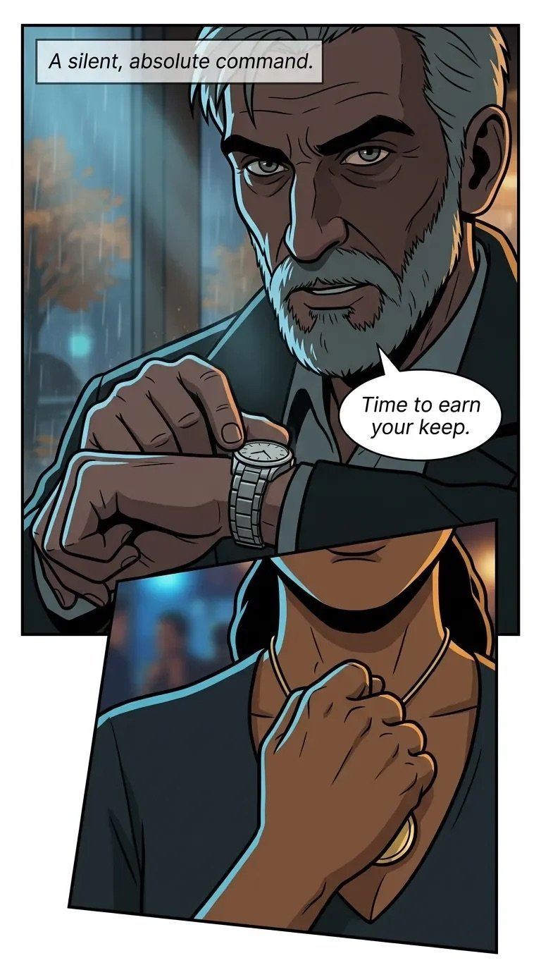 Stern older man in suit displaying a watch with intensity, dialogue reading A silent, absolute command and Time to earn your keep.