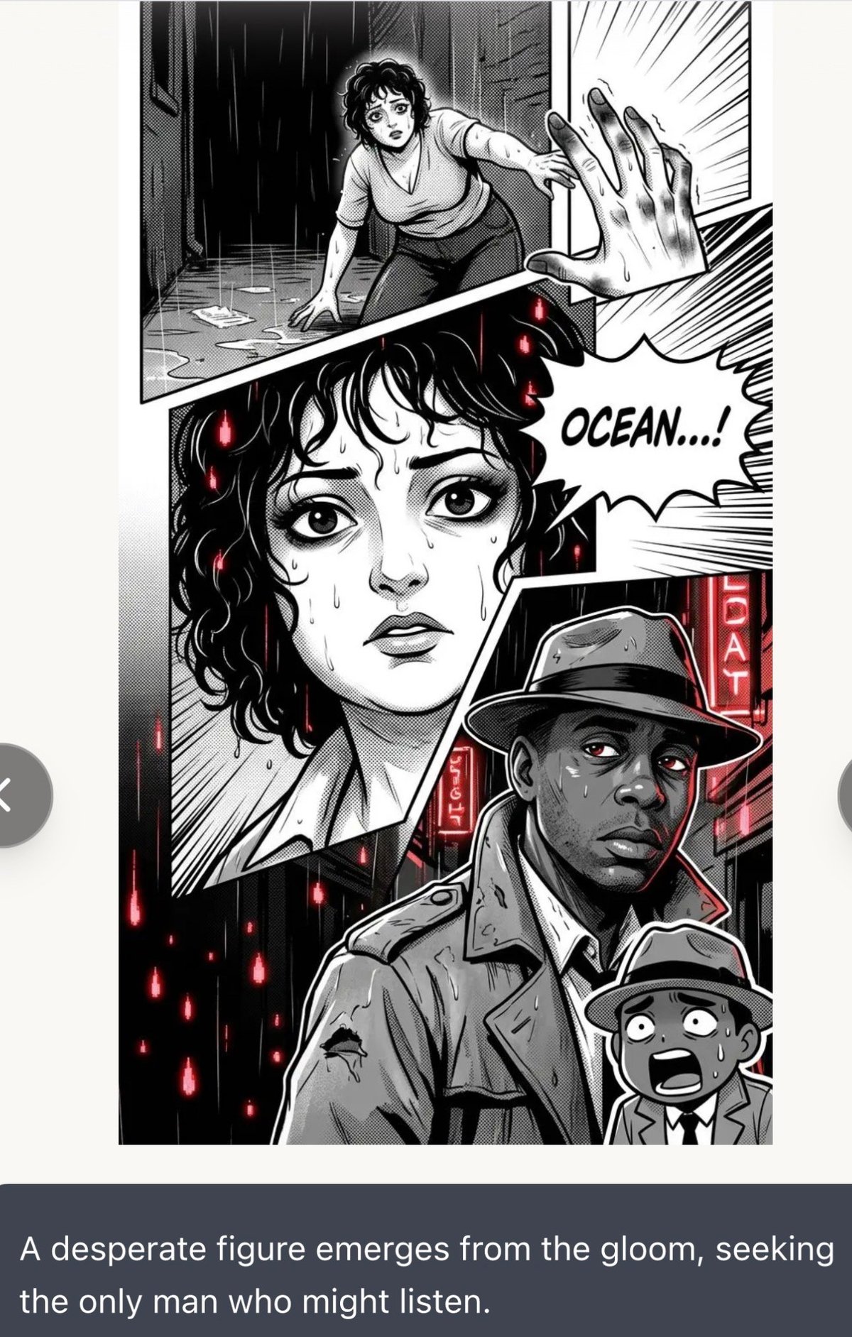 Black and white manga panel showing a woman calling out Ocean with dramatic lighting and red accents, featuring a man in a hat below