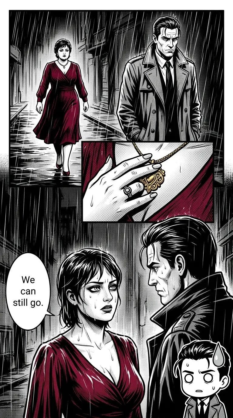 Black and white comic panel showing characters in noir style. A man and woman in rain, with a close-up of a hand holding a gun, and dialogue saying We can still go.