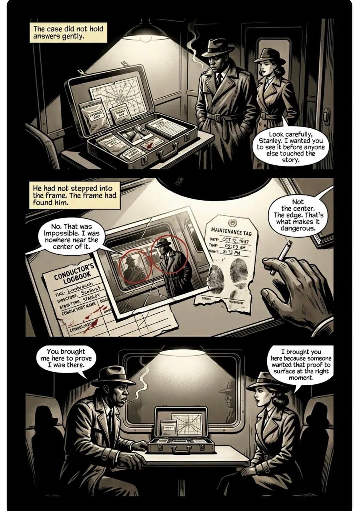 Black and white noir-style comic depicting two detectives investigating a mysterious case with old photographs and documents at a desk