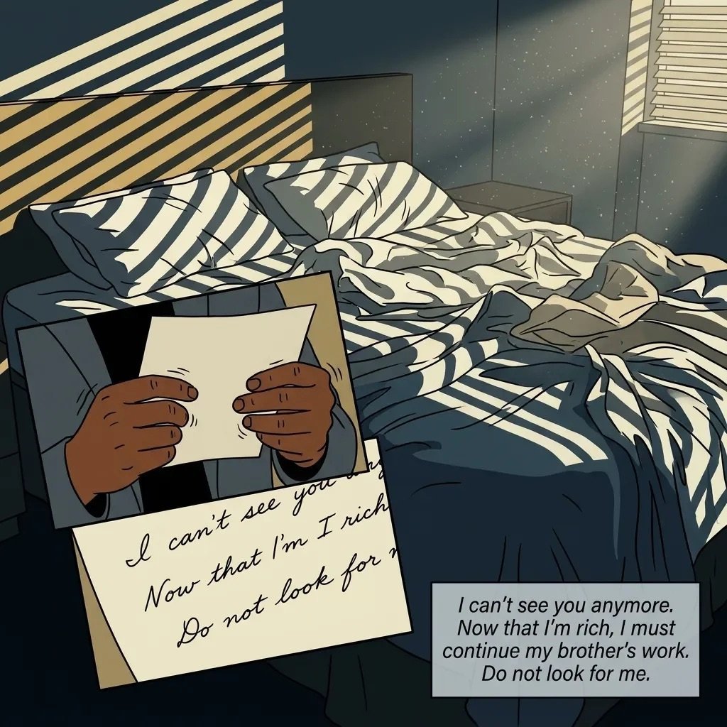 Illustration of hands holding a note reading I cant see you anymore. Now that Im here, do not look for me on a bed with striped shadows