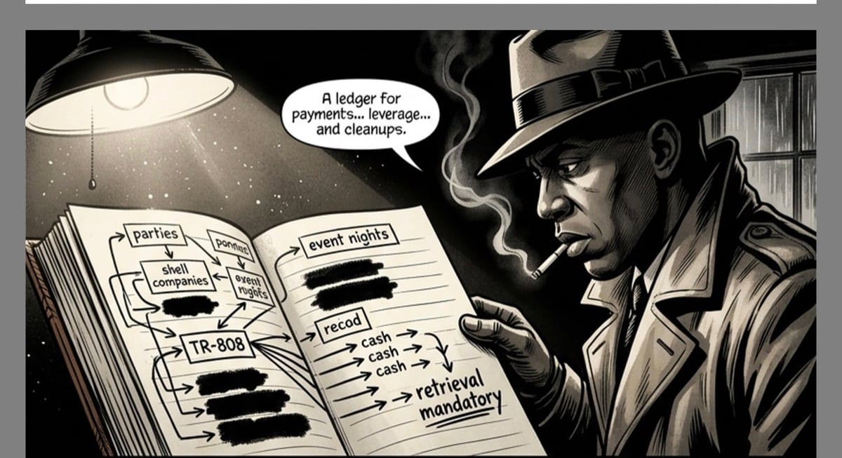 A detective in a fedora examines a notebook with redacted text and financial records under a desk lamp, discussing a budget for payments and cleanup