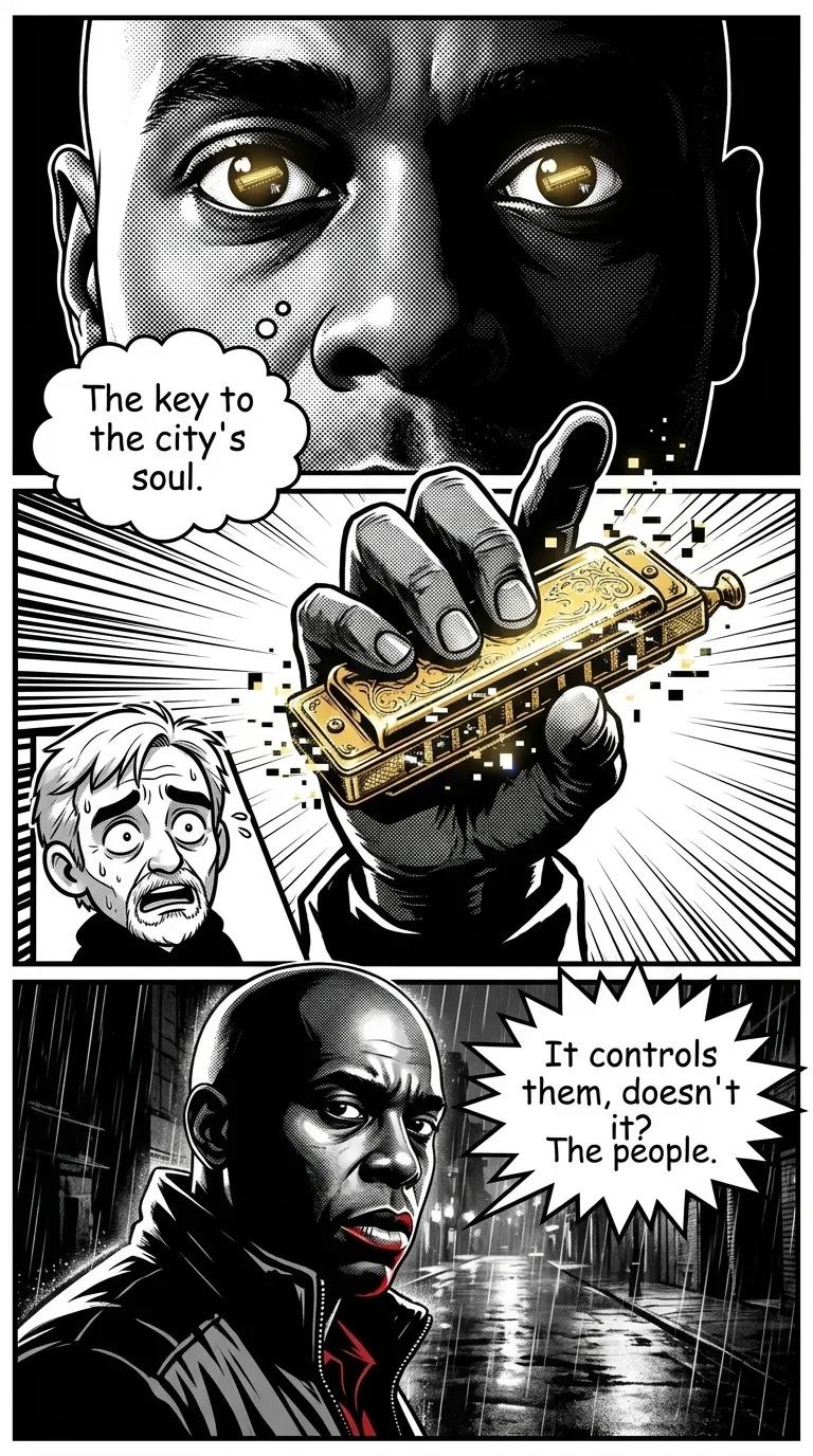 Black and white comic panel showing a man holding a golden harmonica labeled the key to the citys soul, with dialogue about control.
