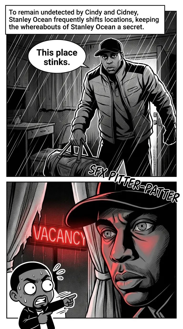 Black and white comic panel showing a man in rain holding a bag saying This place stinks, followed by a panel with a neon VACANCY sign and a frightened character