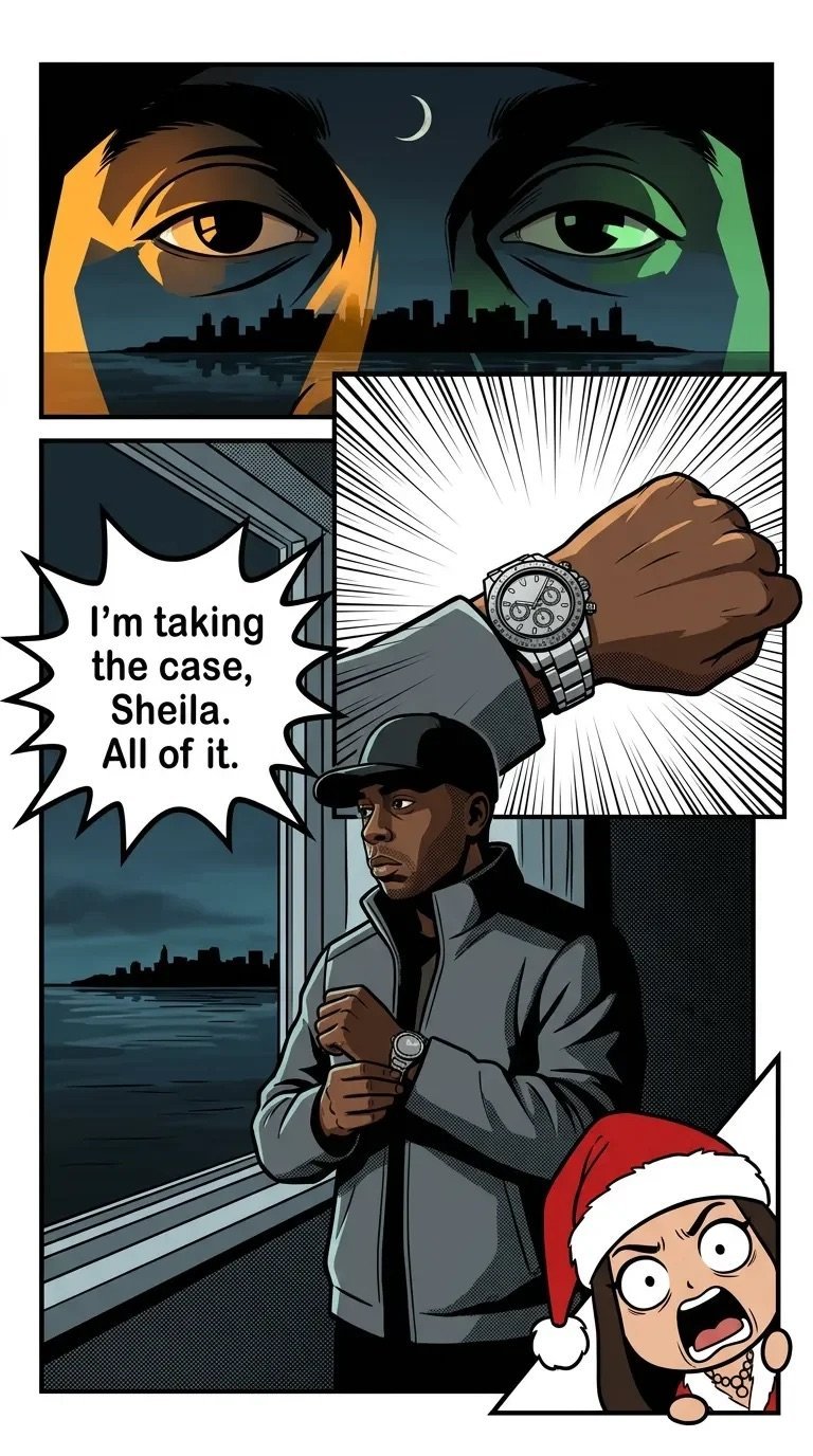 Comic panel showing a man declaring hes taking a case while displaying a watch, with another character reacting in shock below