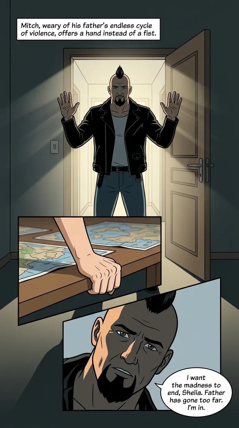 Comic panel showing a man offering open hands instead of violence, while another man vows to end the cycle of abuse.