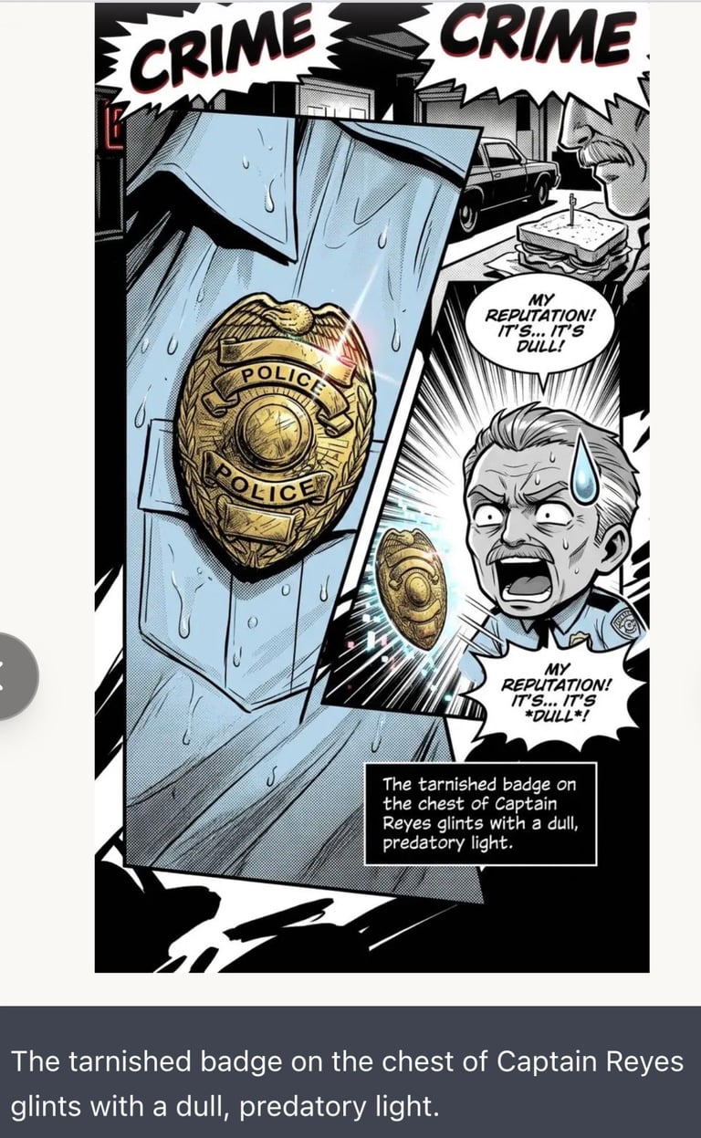 Comic panel showing a tarnished police badge on a characters chest with dramatic lighting and crime scene imagery