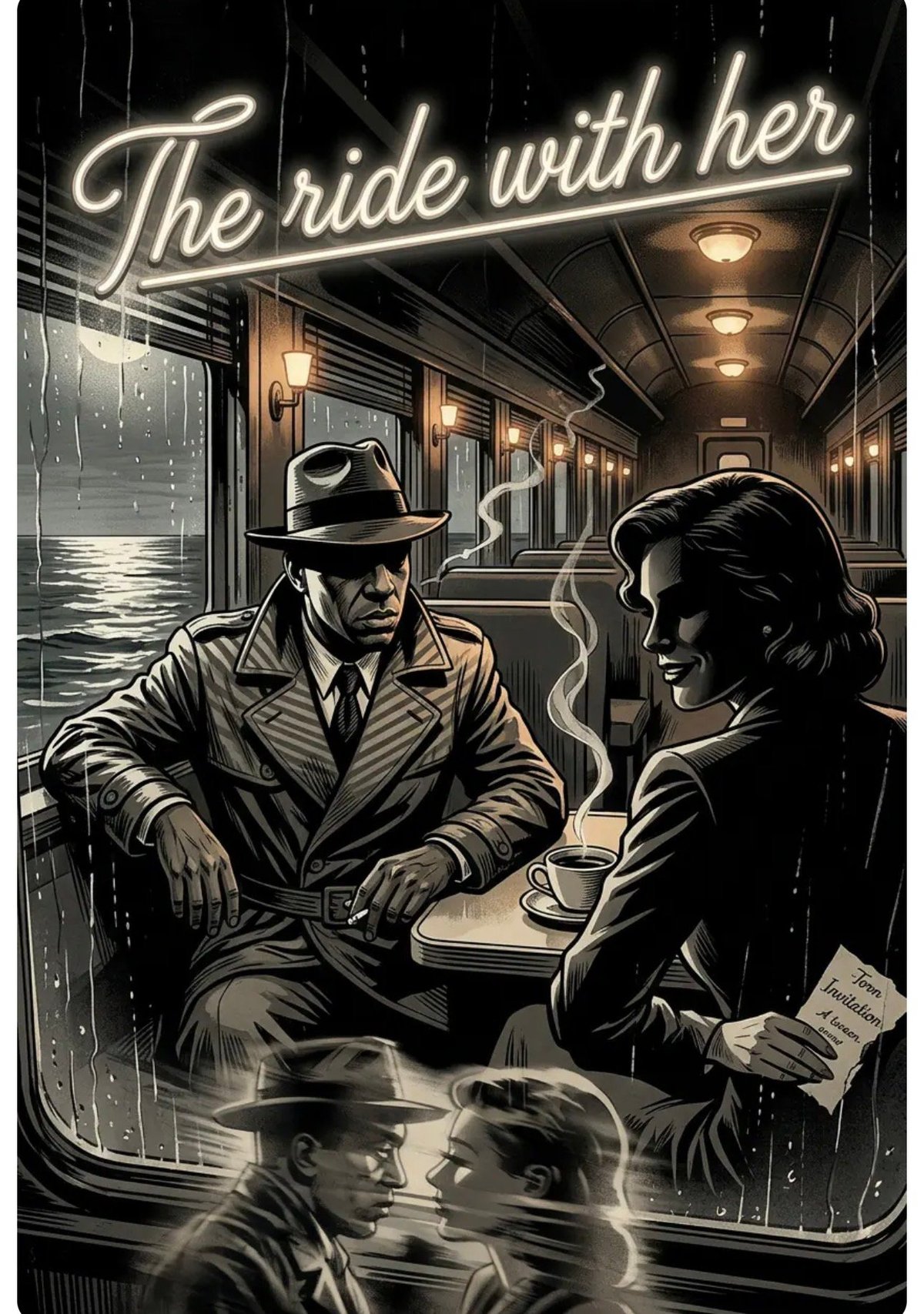 Noir-style illustration of a man and woman in a train car at night with neon text reading The ride with her