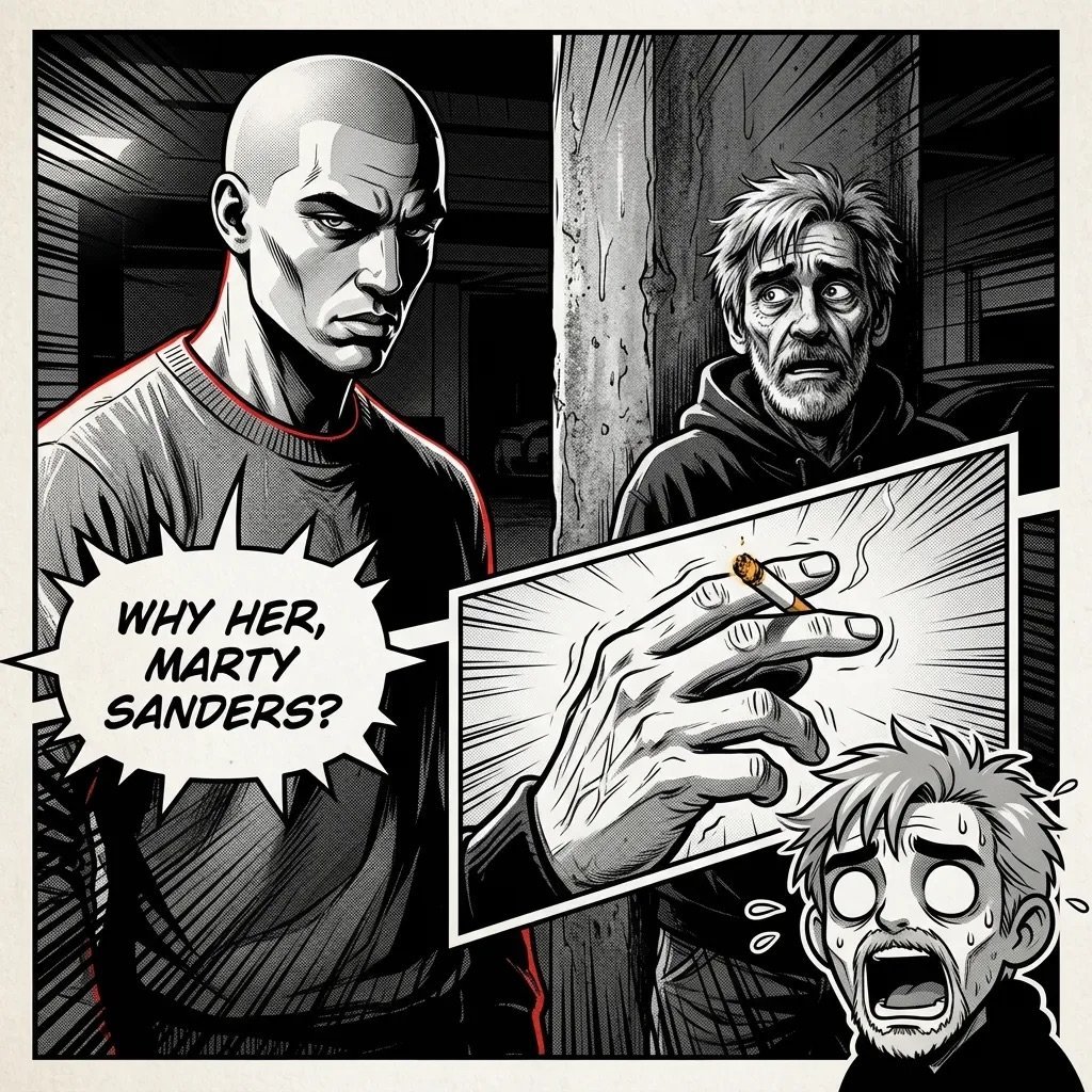 Black and white comic panel showing two bald men in conversation with speech bubble asking Why her, Marty Sanders? and a large hand reaching down with a shocked face below.