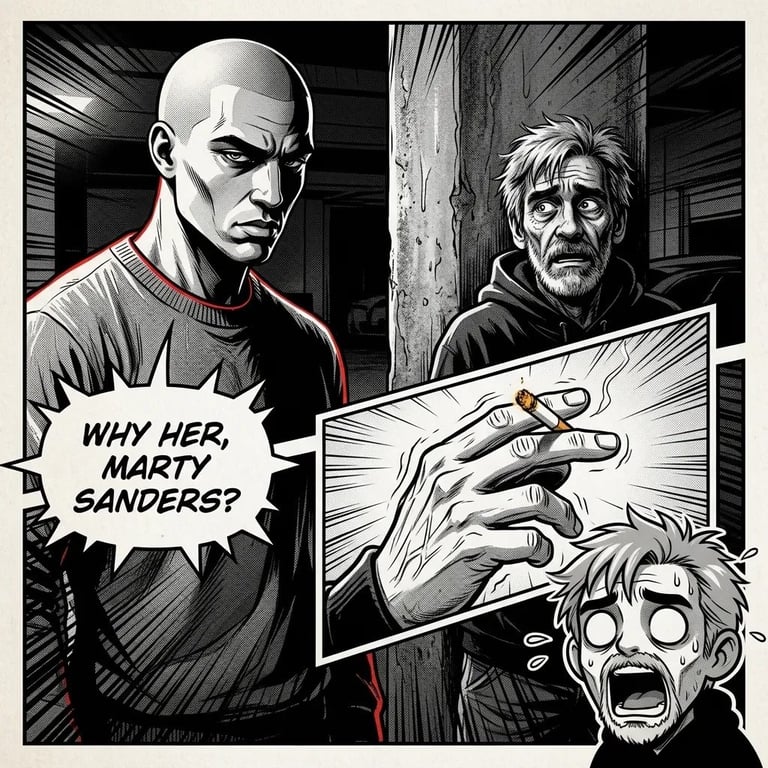 Black and white comic panel showing two bald men in conversation with speech bubble asking Why her, Marty Sanders? and a large hand reaching down with a shocked face below.
