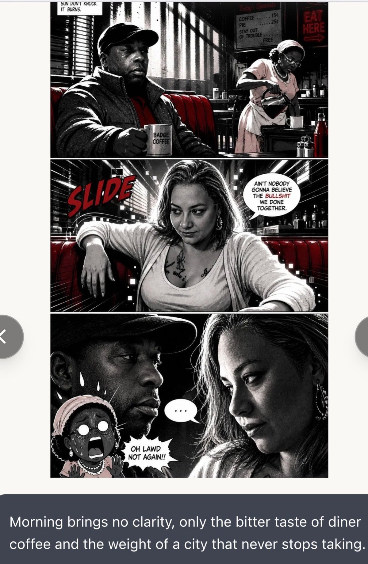 Black and white noir-style comic panels depicting characters in a diner setting with dramatic dialogue and shadowy urban atmosphere