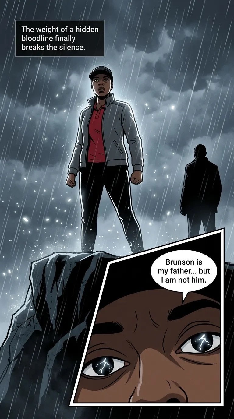 Comic panel showing a woman standing in heavy rain facing a silhouetted figure, with dramatic text about a hidden bloodline revelation