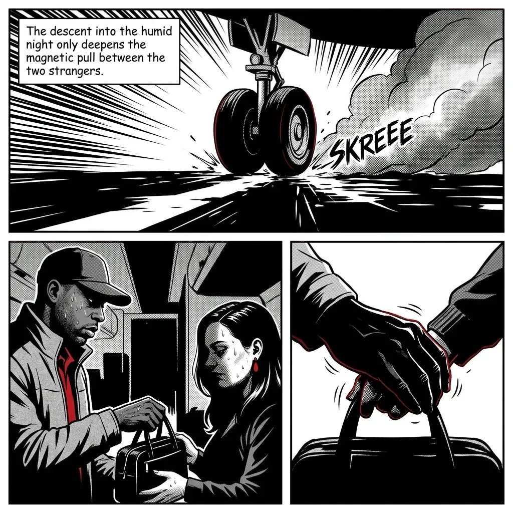 Black and white comic panel showing a landing aircraft, two people exchanging money, and a hand placing object on car seat