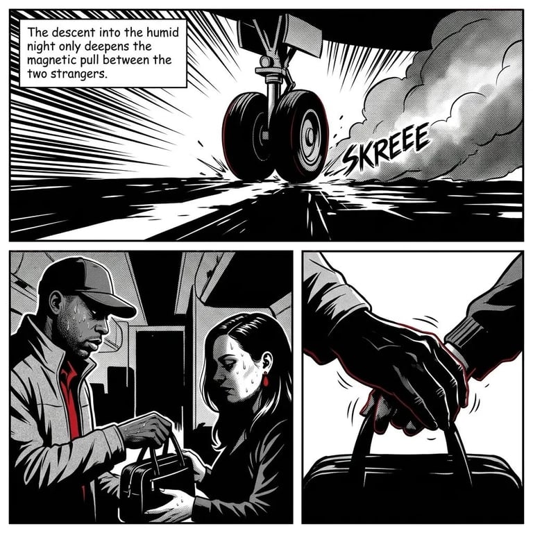 Black and white comic panel showing a landing aircraft, two people exchanging money, and a hand placing object on car seat