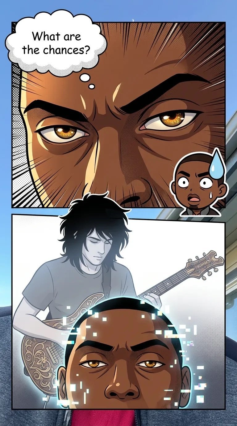 Comic panel showing a man with worried expression asking What are the chances? while imagining himself as a talented musician with a guitar