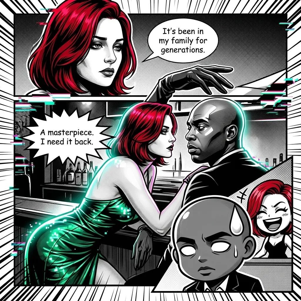 Comic panel with woman with red hair saying its been in her family for generations, and a man saying a masterpiece is needed back.