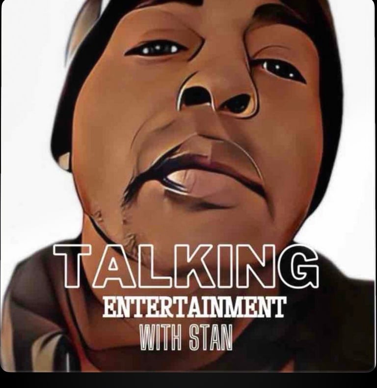 Illustrated portrait of a man with text Talking Entertainment with Stan overlaid on image