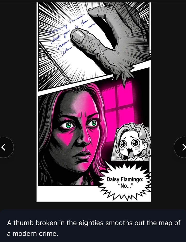 Black and white manga-style comic panel showing a woman with magenta face paint, a hand holding a small device above, and a small character saying No. Caption reads about a broken thumb solving a crime.