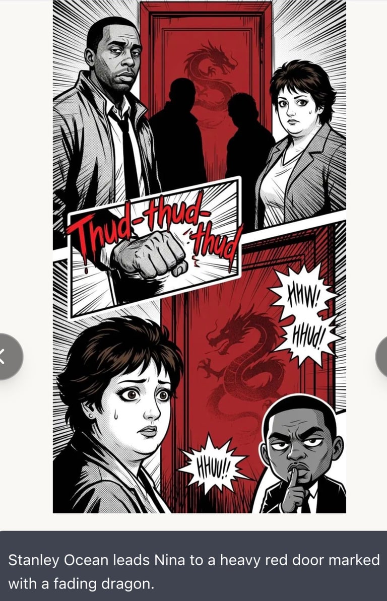 Comic book style illustration showing Stanley Ocean and Nina approaching a red door with a dragon symbol, surrounded by action figures and dialogue.
