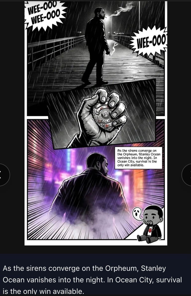 Black and white manga panel showing a man in rain on a bridge, a close-up fist, and a figure surrounded by purple energy vortex with text about the Orpheum and Ocean City.