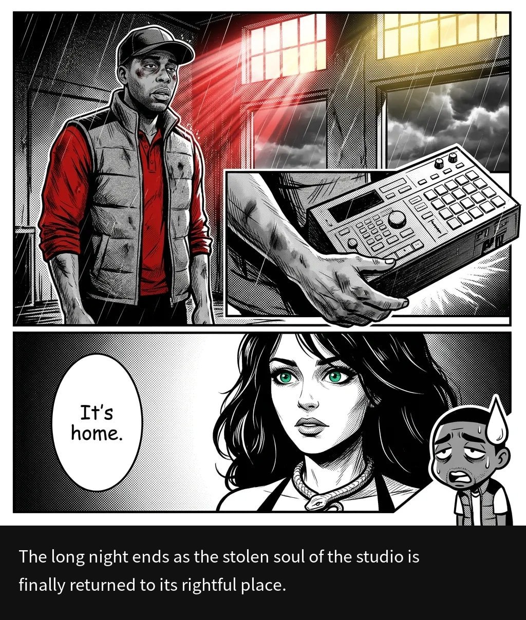 Comic panel showing a man with equipment and a woman saying Its home as a stolen music studio soul is returned.