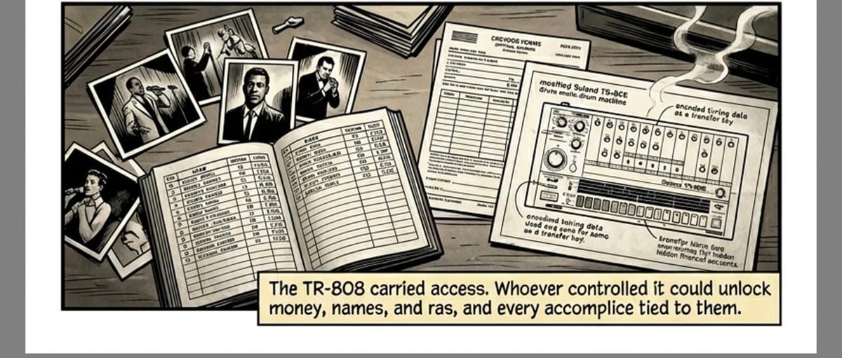Black and white vintage photos, documents, and ledgers with text explaining the TR-808 carried access to unlock money, names, and ras.
