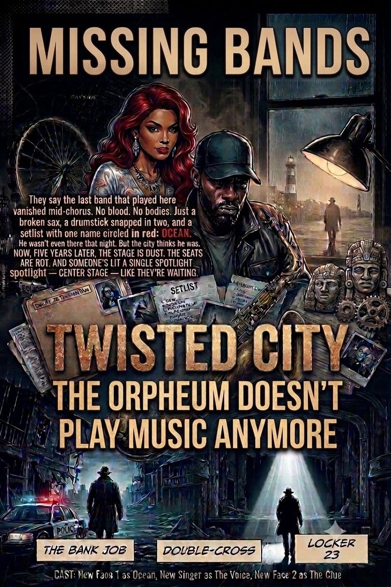 Movie poster for Twisted City showing missing band mystery with vintage noir aesthetic and text about an abandoned orpheum theater