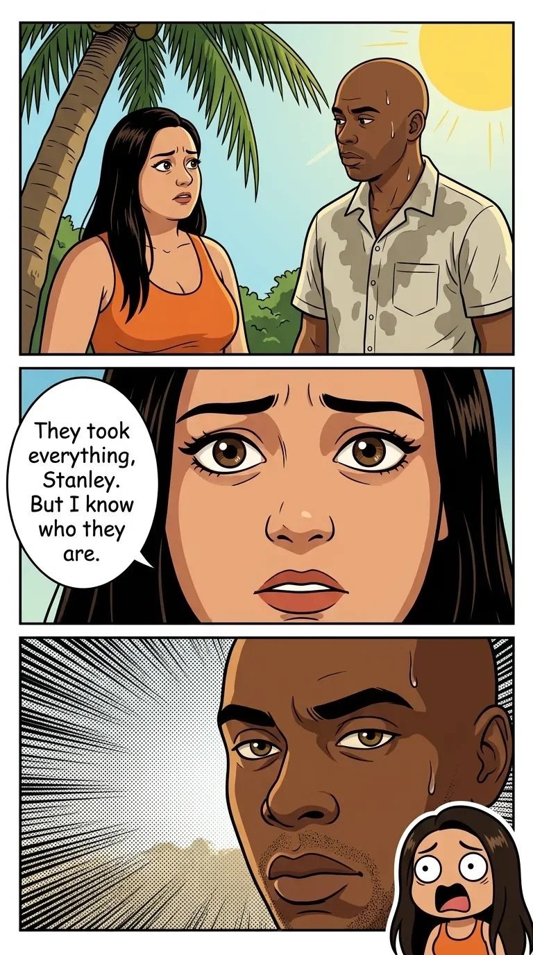 Comic panel showing a woman and man on a tropical beach. Woman tells man she knows who took everything. Man appears shocked in close-up.