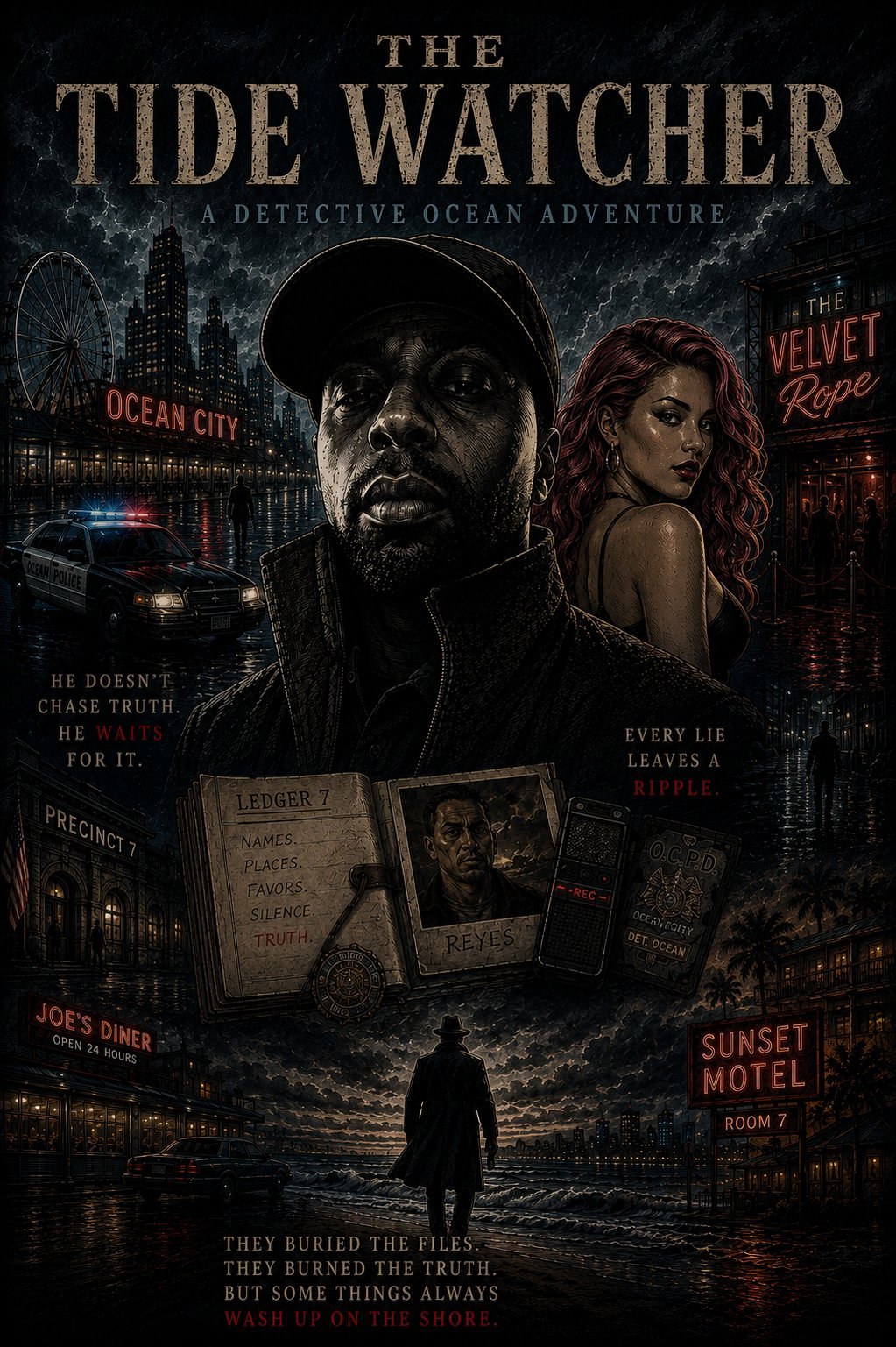 Movie poster for The Tide Watcher detective mystery featuring a man in a cap, a woman with reddish hair, and a silhouetted figure by the ocean with noir-style cityscape background