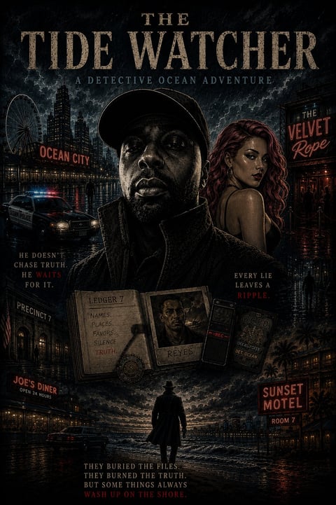 Movie poster for The Tide Watcher detective mystery featuring a man in a cap, a woman with reddish hair, and a silhouetted figure by the ocean with noir-style cityscape background