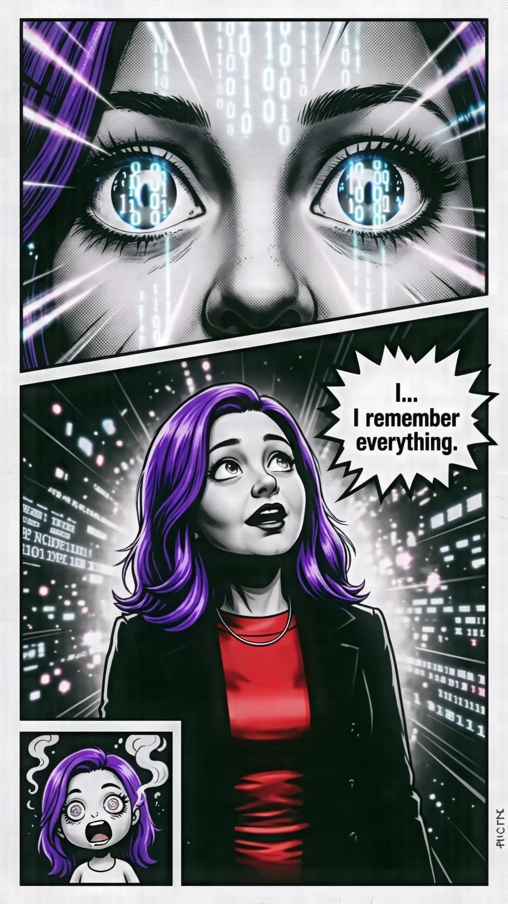 Digital art comic panel showing a woman with purple hair and glowing blue eyes in a cyberpunk cityscape, with speech bubble saying I remember everything