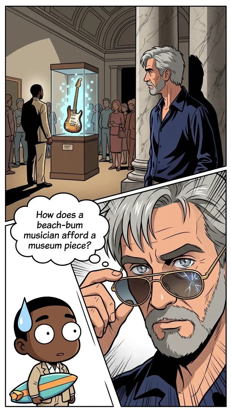 Comic panel showing an older man questioning how a beach-bum musician affords a museum piece, with a guitar displayed in a glass case