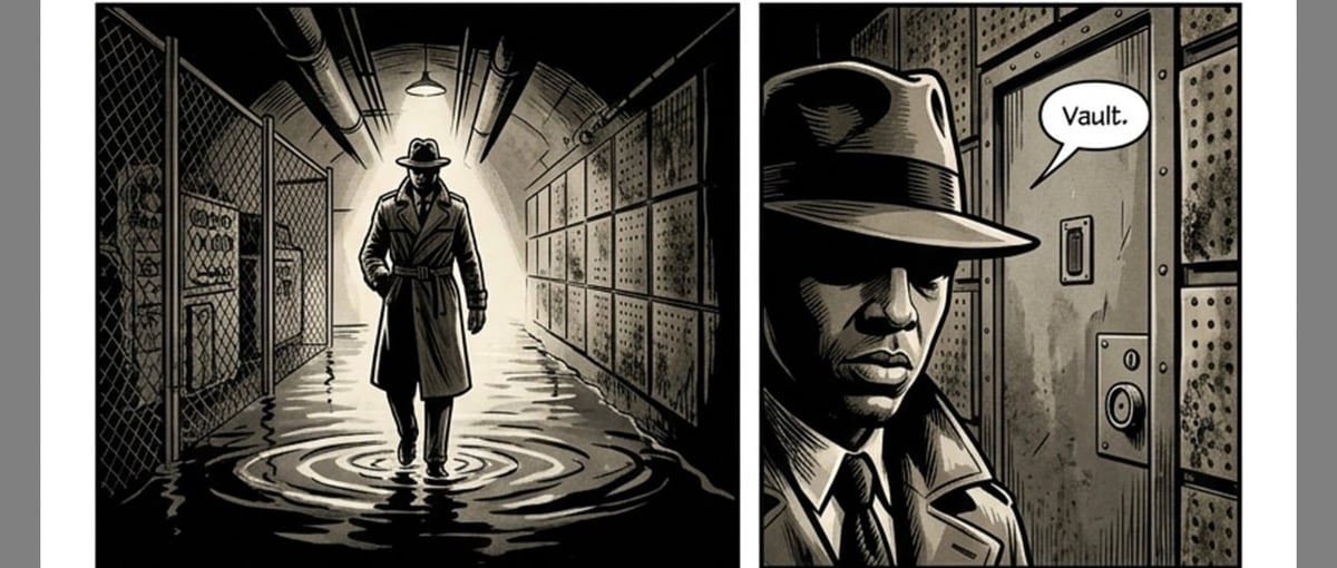 Noir comic panels: man in coat standing in glowing corridor on left; shadowed figure in fedora and suit with speech bubble saying Vault on right