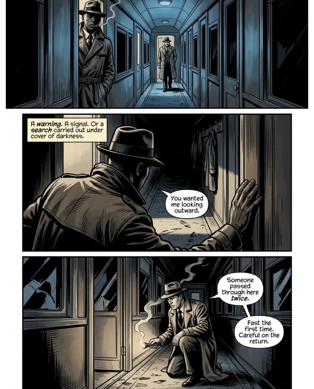 Comic strip showing a noir detective in a train corridor investigating a secret operation, discovering a warning and dialogue about searches conducted in darkness