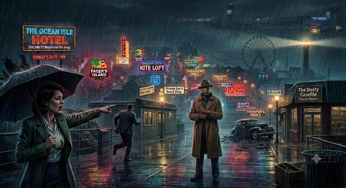 Noir-style illustration of detectives in a rainy 1940s city street lined with vintage neon signs and storefronts