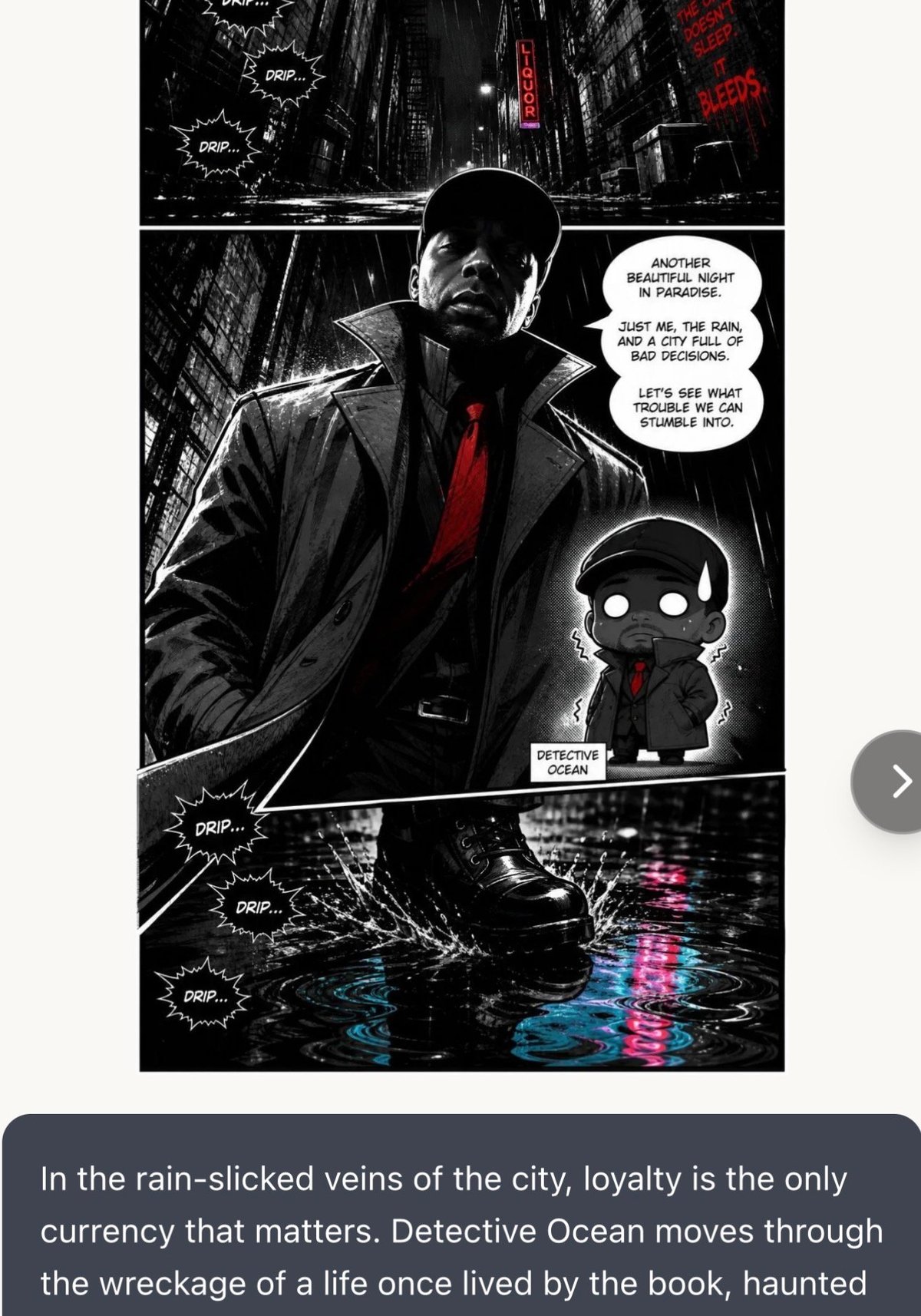 Black and white comic panel showing a detective in rain-soaked city streets with neon signs, featuring dialogue bubbles and a small character figure below