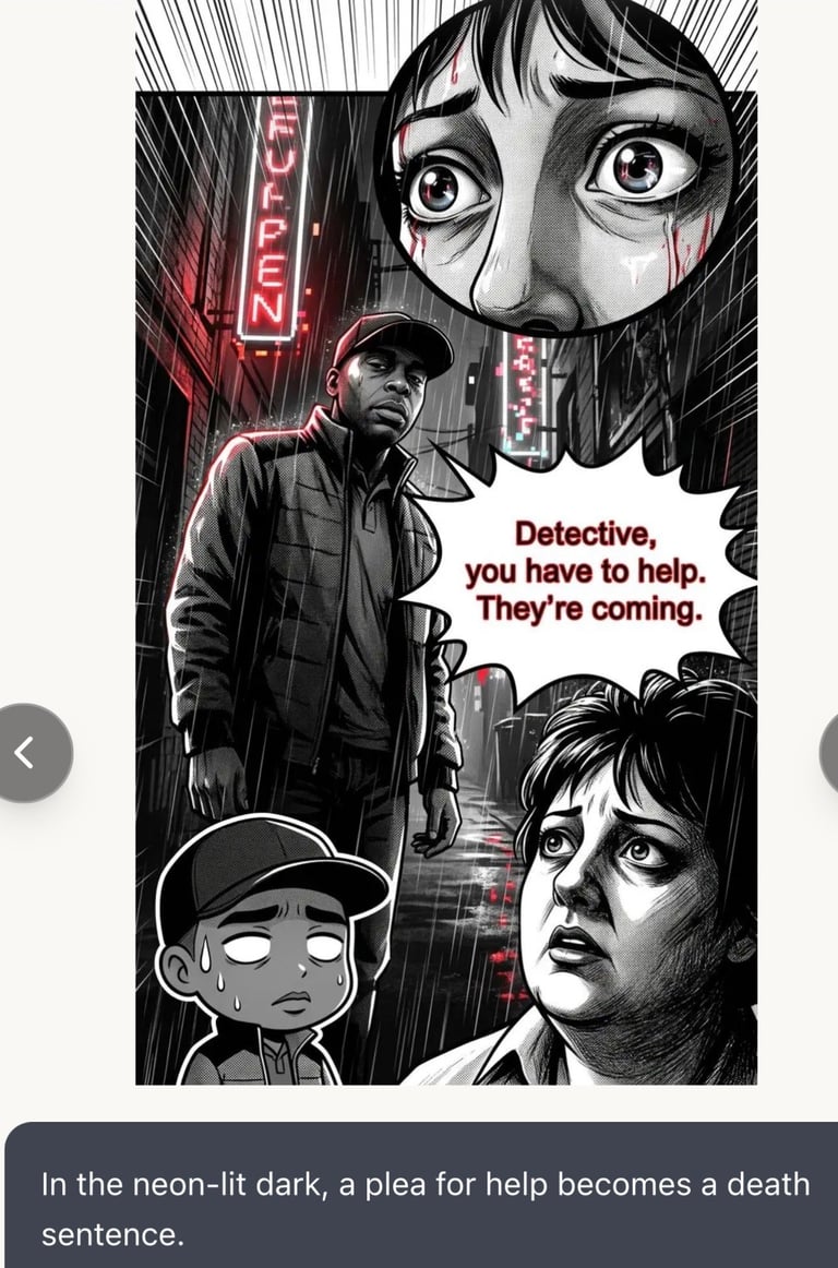 Black and white noir-style movie poster featuring a detective, creepy masked figure, and child characters with neon signs and rain.