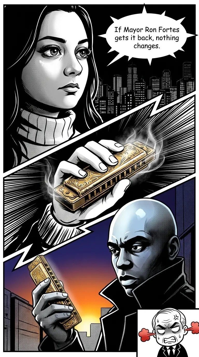 Comic panel showing a woman and bald man holding glowing harmonicas with text about Mayor Ron Fortes and a cityscape background