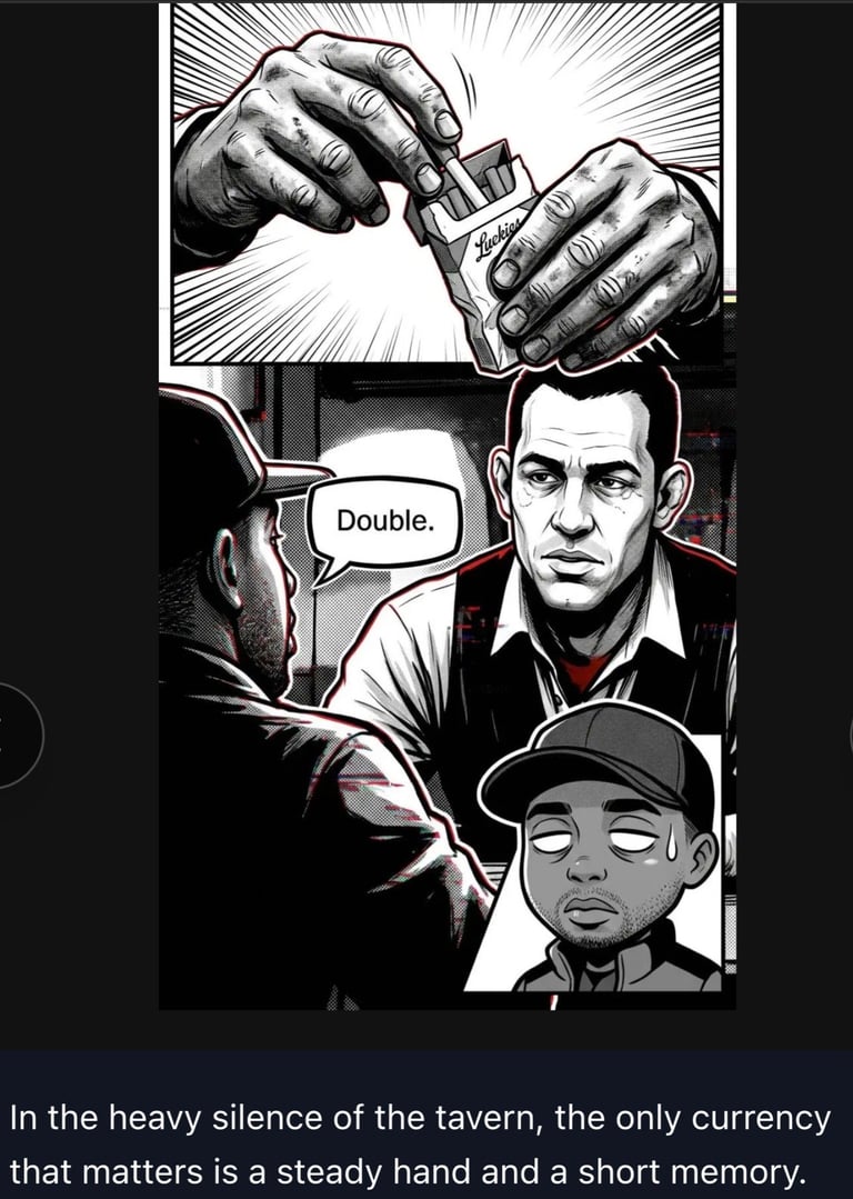Black and white comic panel showing men in a tavern playing poker, with hands holding cards and one man saying Double