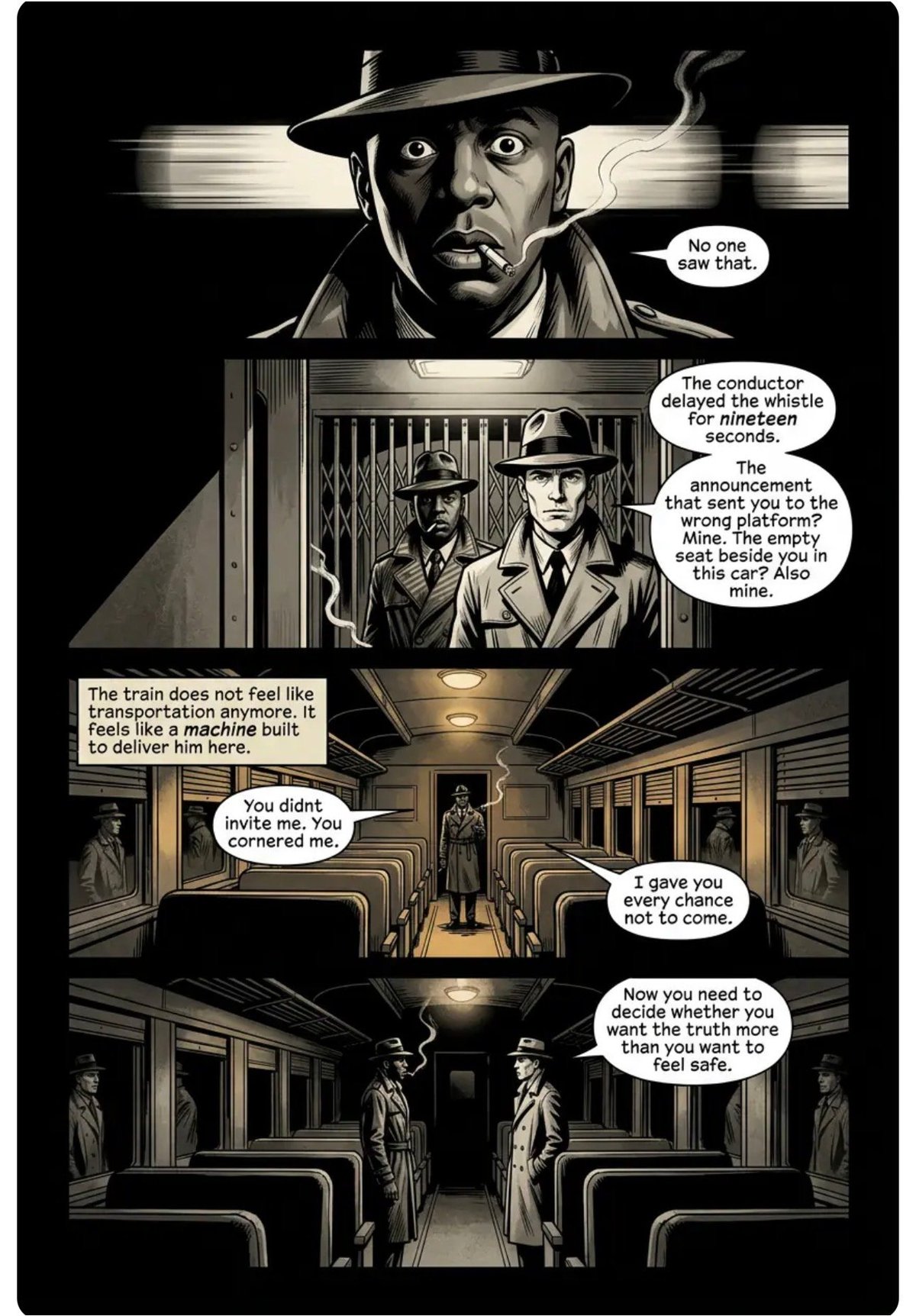 Film noir comic panel showing men in hats on a train with dialogue bubbles discussing a mysterious mine and sinister invitation