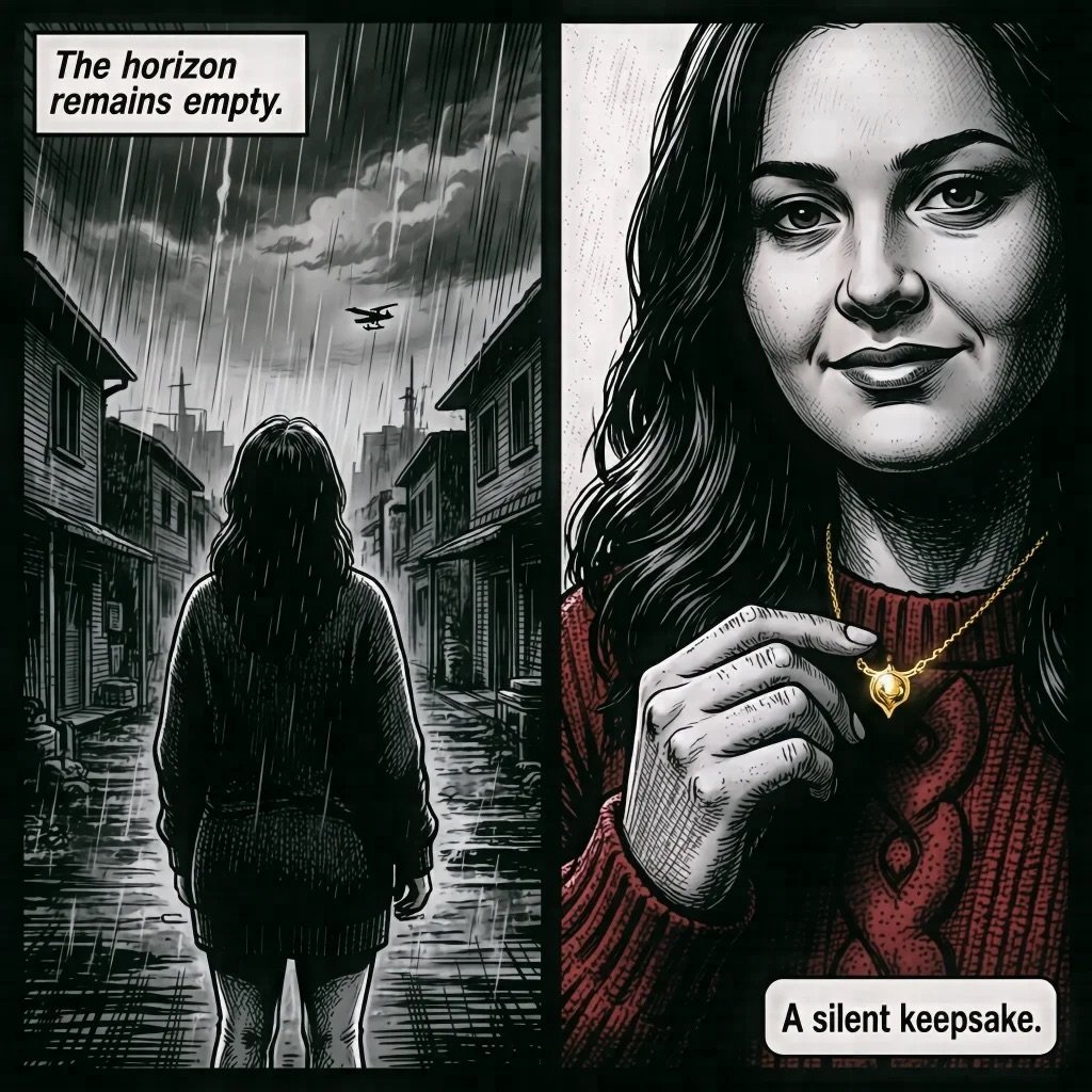 Comic panel showing a figure standing in an empty rainy street on left, and a woman holding a locket on right with text reading The horizon remains empty and A silent keepsake
